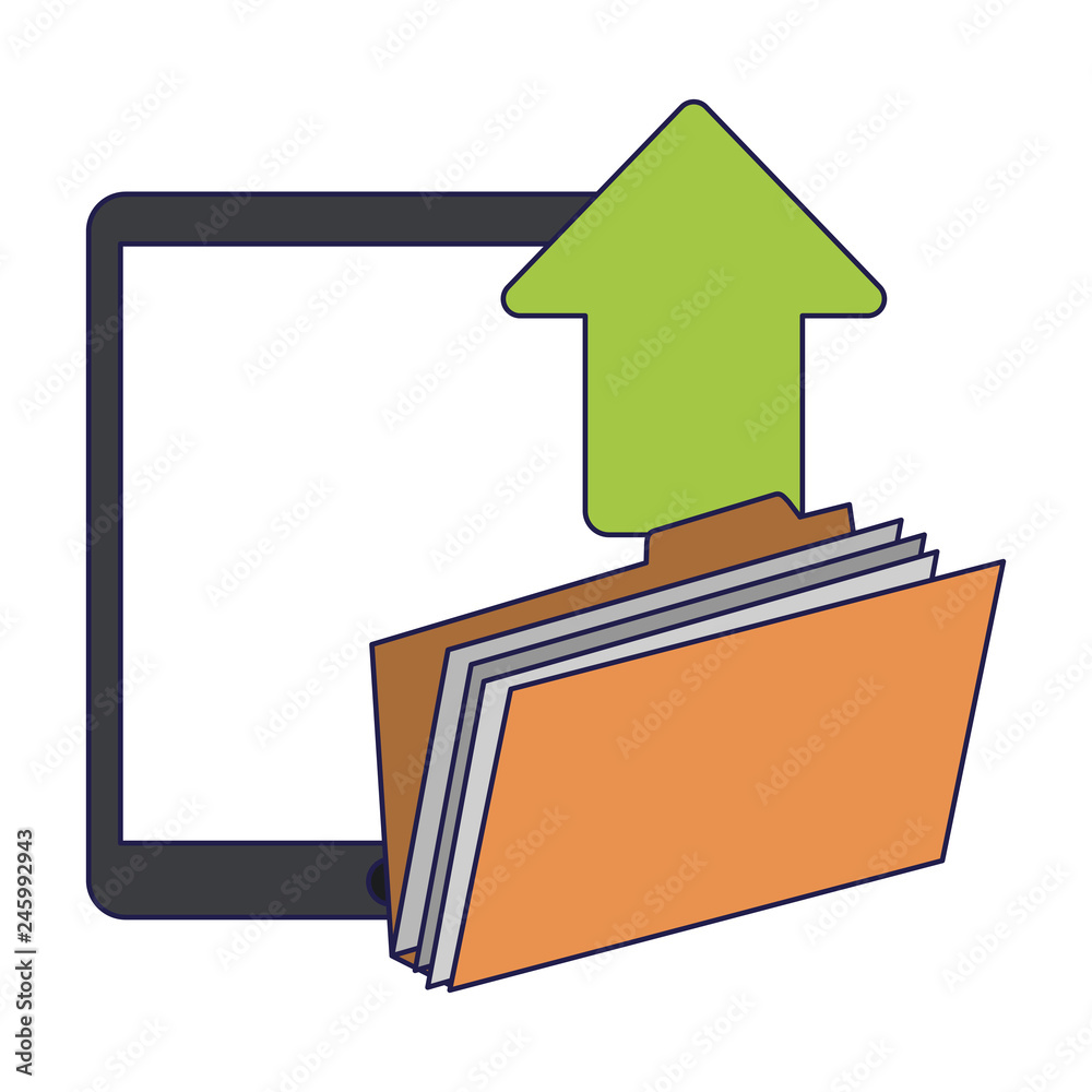 tablet uploading folder with document blue lines tablet uploading folder with document blue lines