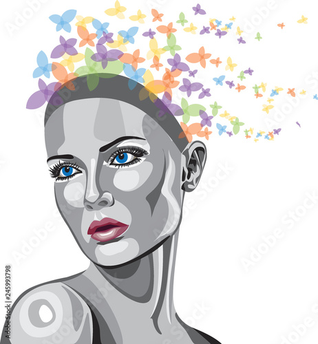 WOMAN METALLIC FACE WITH BUTTERFLIES