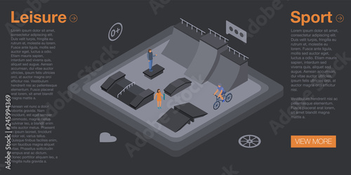 Roller skate arena banner. Isometric illustration of roller skate arena vector banner for web design