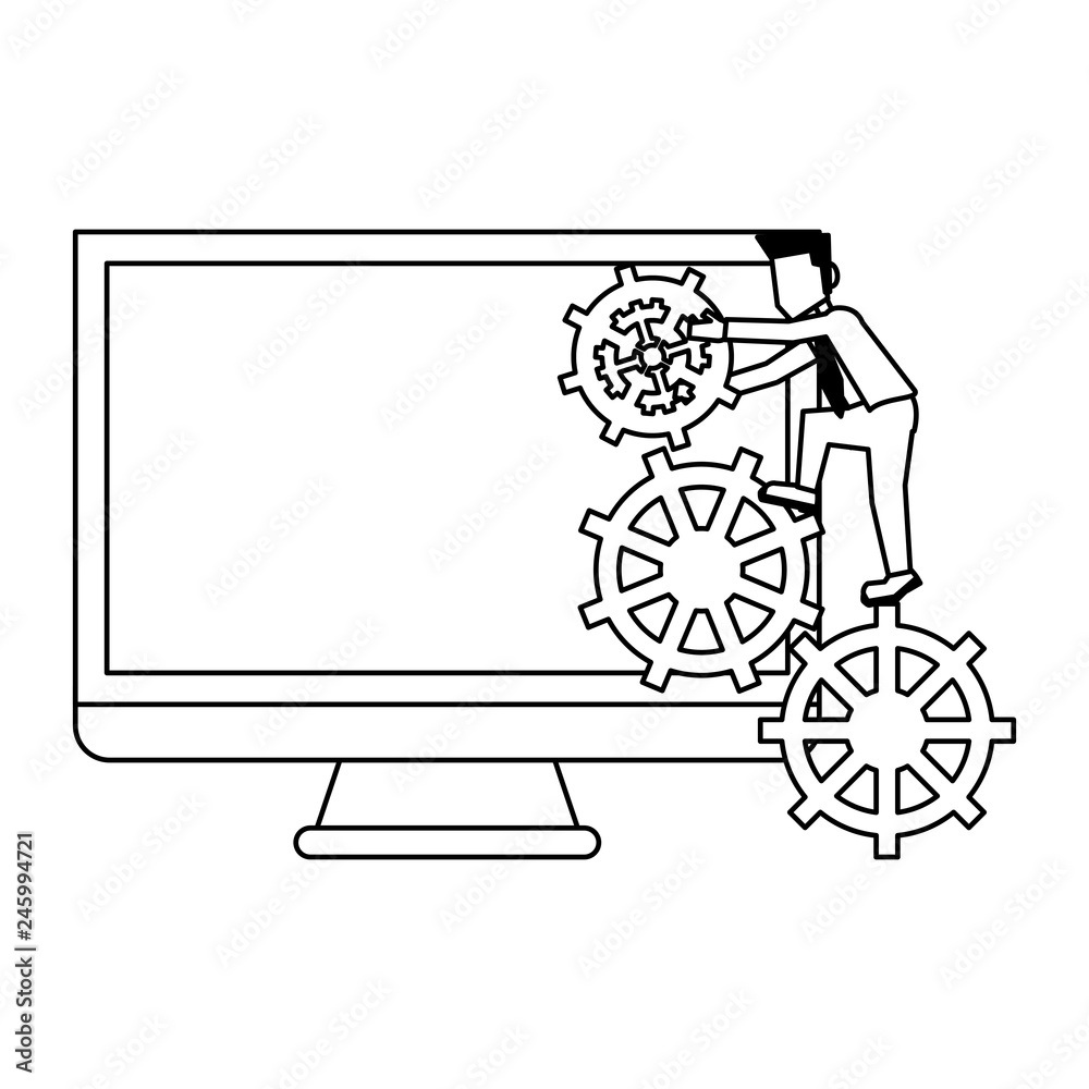 computer screen with businessman and gears black and white computer screen with businessman and gears black and white