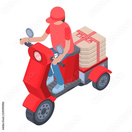 Pizza motorbike delivery icon. Isometric of pizza motorbike delivery vector icon for web design isolated on white background