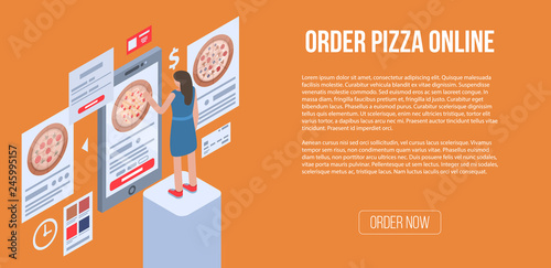 Order pizza online banner. Isometric illustration of order pizza online vector banner for web design