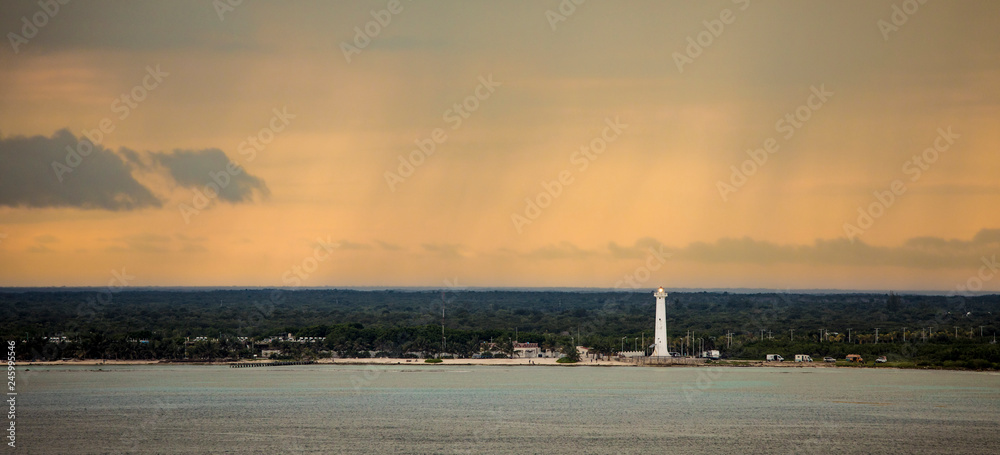 The port of Costa Maya in Mexico with lighthouse as seen from the sea