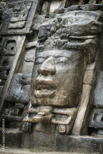 One of the Olmec style stone faces on the Lamanai Mayan temple in Belize.