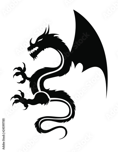 Black tribal dragon tattoo on white background. Vector illustration