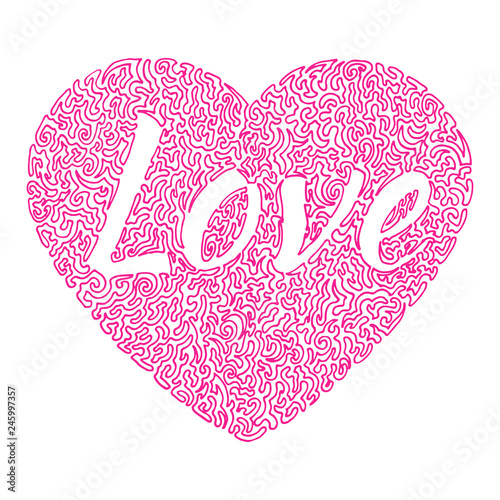 Continuous pink line drawing a shape of heart with the inscription Love on white background