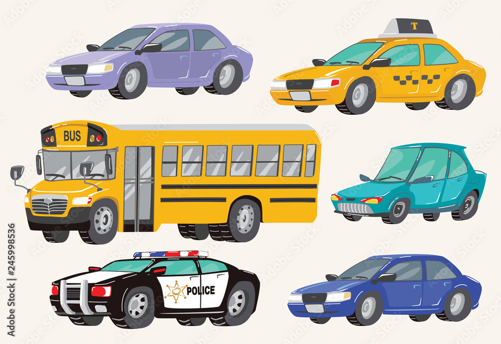 Set of Toy Vehicles. Special Machines, police car, Cars, school bus, city bus. Toy Cars. Vector Illustration