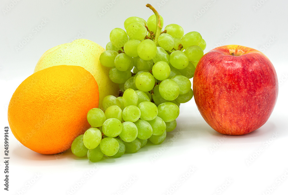 Fresh fruits,apple,Green grapes,Orange,Pyrus pyrifolia,Composition with assorted fruits on white background Fresh fruits,apple,Green grapes,Orange,Pyrus pyrifolia,Composition with assorted fruits on white background
