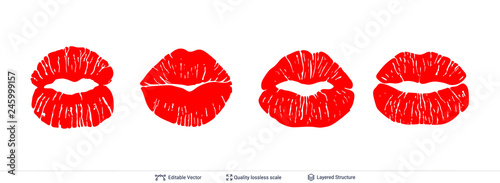 Set of red lips prints isolated on white.