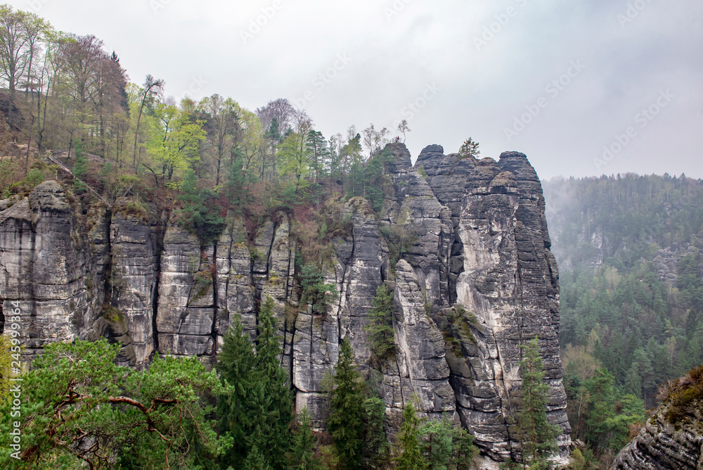 Bastei Dresden Germany.Park Saxon Switzerland.The cliffs are located not far from Rathen near the town of Pirne in the south-east of Dresden.The rocks in the fog.Beautiful landscape.Mountains travel.