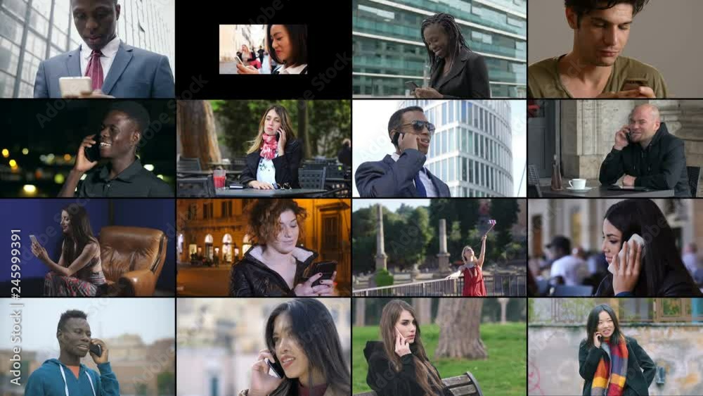 Composition on different ethnic young people using smartphones