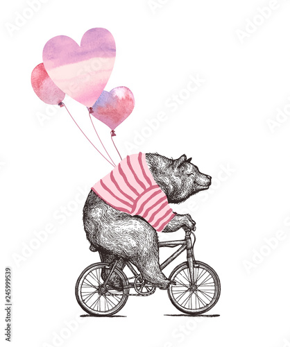 Cool Bear tourist wearing strip t-stirt Ride Bicycle Balloons Love. Vintage Mascot Cute Fun Grizzly Cycle Valentines day Card. Animal Character Black Sketch. Outline Grunge Teddy Flat Vector