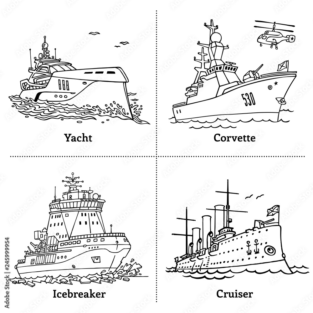 Vector illustration of outline boats. Coloring book with ships. Yacht, icebreaker, corvette and cruiser Aurora.