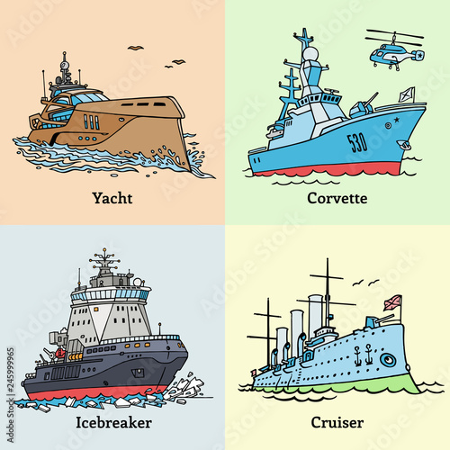 Vector illustration of doodle ships. Coloring book with boats. Yacht, icebreaker, corvette and cruiser Aurora.