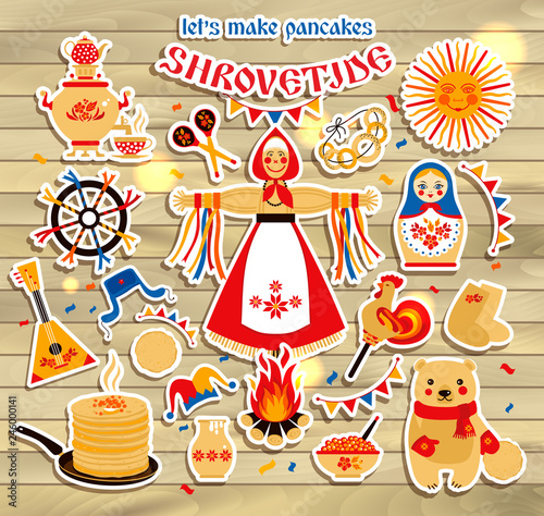 Vector sticker set on the theme of the Russian holiday Carnival. Russian translation Shrovetide or Maslenitsa.