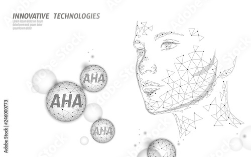 Fruit acid beauty salon peeling. Female face AHA glycolic lactic acids exfoliant anti-aging rejuvenation facial serum. Medical health skin treatment low poly polygonal sphere vector illustration