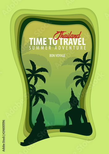 Thailand banner. Time to travel. Paper cut and craft style. Vector illustration