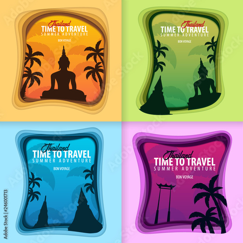 Set of Thailand banners. Time to travel. Paper cut and craft style. Vector illustration