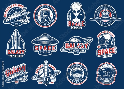 Vintage colorful space badges set photo