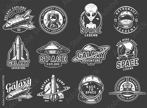 Vintage space exploration logos set