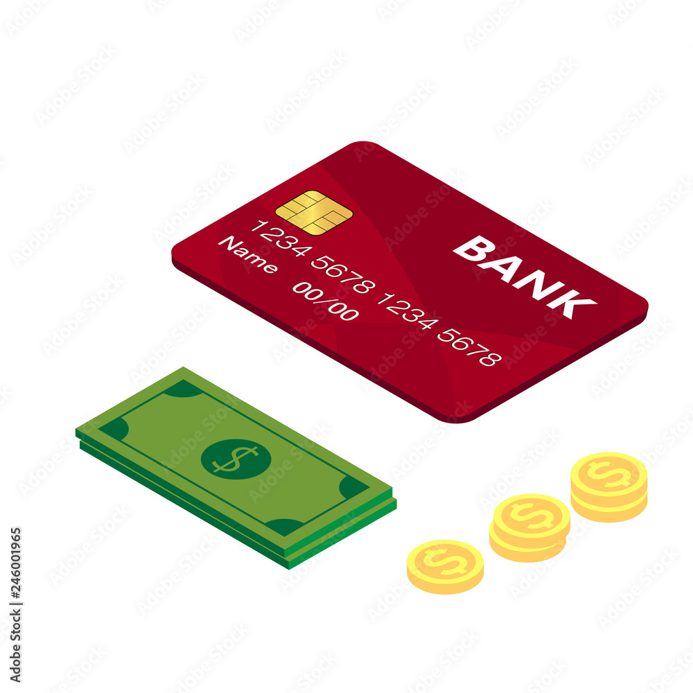 Credit card , money and coins. 3d isometric flat design. Vector. Credit card , money and coins. 3d isometric flat design. Vector.
