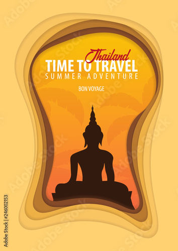 Thailand banner. Time to travel. Paper cut and craft style. Vector illustration
