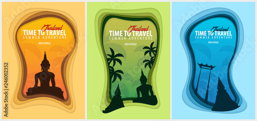 Set of Thailand banners. Time to travel. Paper cut and craft style. Vector illustration