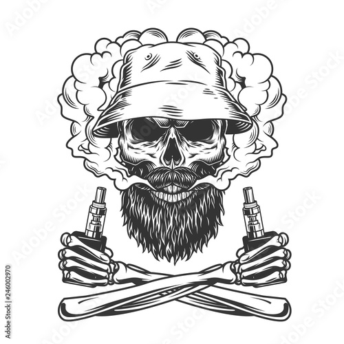 Bearded and mustached skull wearing panama hat