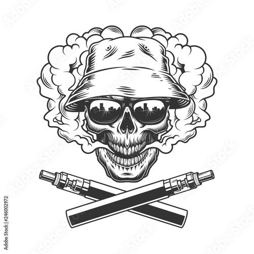 Skull wearing panama hat and sunglasses