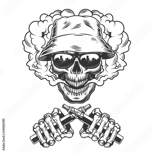 Vintage monochrome skull in panama hat