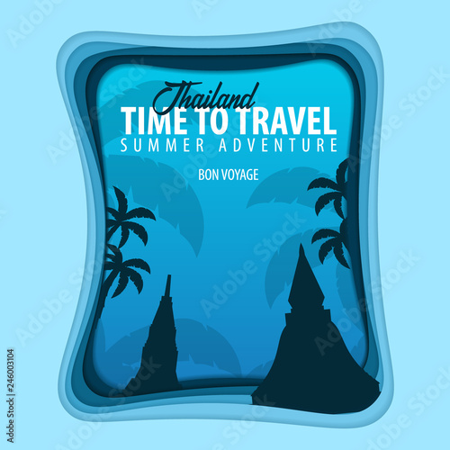Thailand banner. Time to travel. Paper cut and craft style. Vector illustration