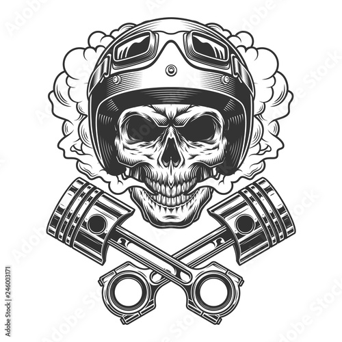 Moto racer skull in smoke cloud