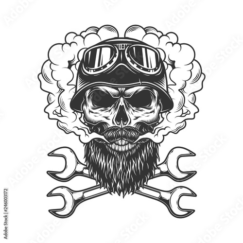 Skull wearing biker helmet and goggles
