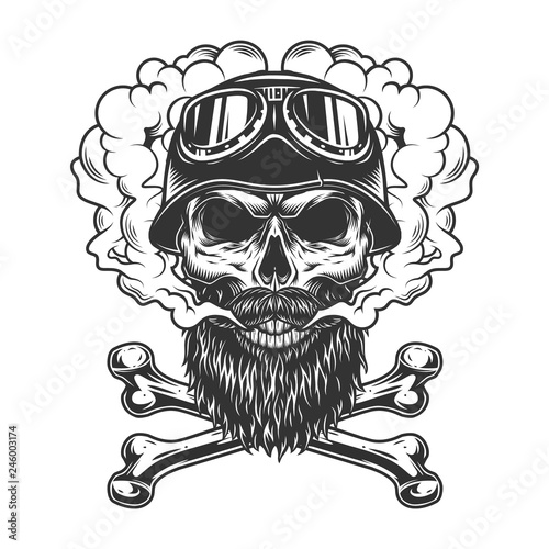 Monochrome biker skull in smoke cloud