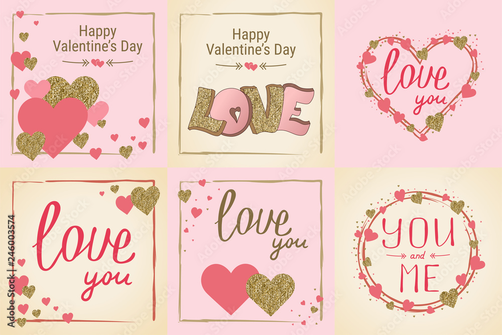 Happy Valentine's Day greeting card set. Love. Gold and pink colors. Poster. Hand drawn heart. Design for wedding. February 14 banner Happy Valentine's Day greeting card set. Love. Gold and pink colors. Poster. Hand drawn heart. Design for wedding. February 14 banner