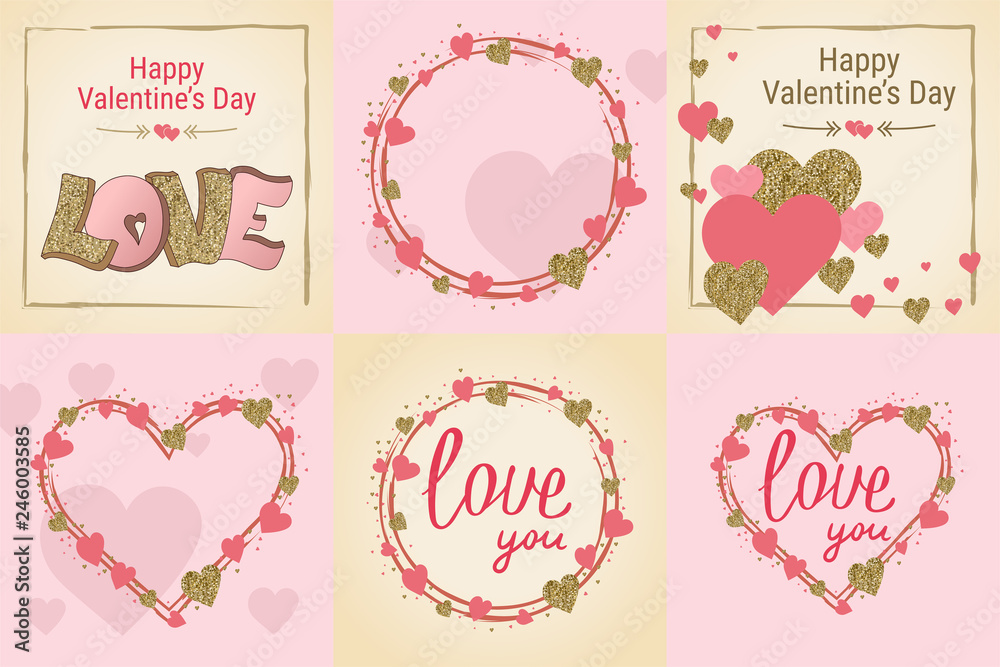 Happy Valentine's Day greeting card set. Love. Gold and pink colors. Poster. Hand drawn heart. Design for wedding. February 14 banner Happy Valentine's Day greeting card set. Love. Gold and pink colors. Poster. Hand drawn heart. Design for wedding. February 14 banner