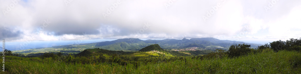 Panoramic view of the Atlantic coast of Martinique and the village of Morne Rouge from the refuge at the foot of Mount Pelée