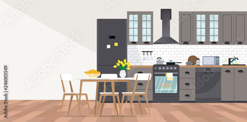 Vector banner with kitchen interior in flat style. photo
