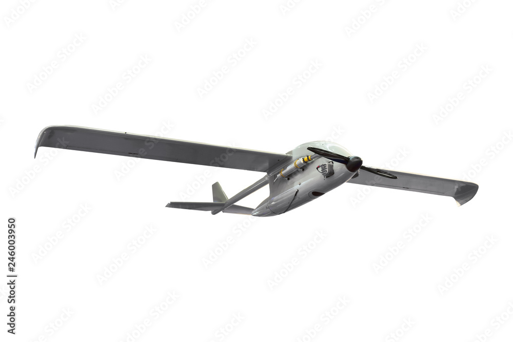 Military strike combat unmanned air vehicle UAV airplane reconnaissance spy drone isolated. - obrazy, fototapety, plakaty 