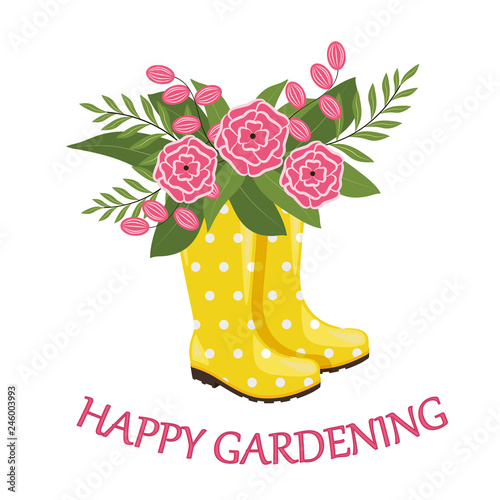 Yellow rubber boots with spring bouquet and text 