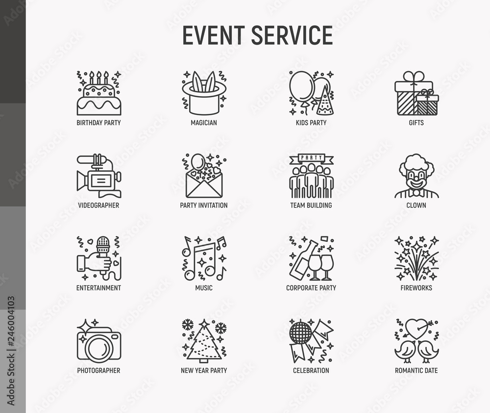 Event services thin line icons set: kids party, gifts, birthday, magician, clown, videographer, party invitation, corporate, fireworks, music, celebration, romatic date. Modern vector illustration. Event services thin line icons set: kids party, gifts, birthday, magician, clown, videographer, party invitation, corporate, fireworks, music, celebration, romatic date. Modern vector illustration.