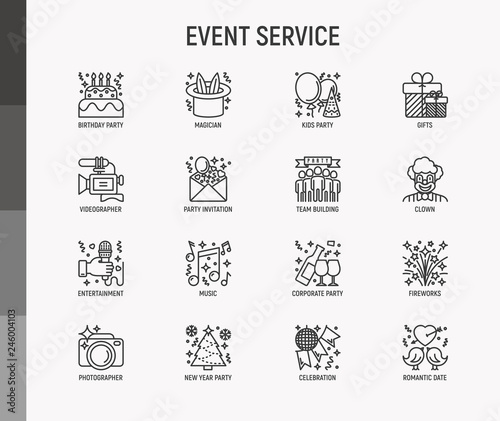 Event services thin line icons set: kids party, gifts, birthday, magician, clown, videographer, party invitation, corporate, fireworks, music, celebration, romatic date. Modern vector illustration.