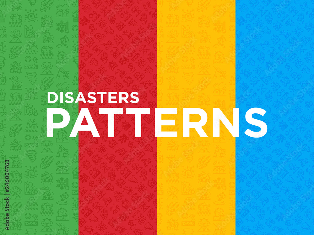 Disasters seamless pattern with thin line icons: earthquake, tsunami, tornado, hurricane, flood, landslide, drought, snowfall, eruption, thunderstorm, avalanche, meteorite. Vector illustration.