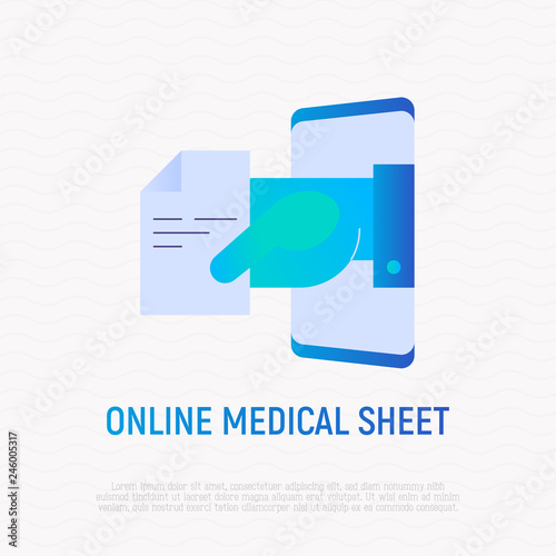 Online medical sheet, prescription icon in flat gradient style: hand with recipe from smartphone. Modern vector illustration.