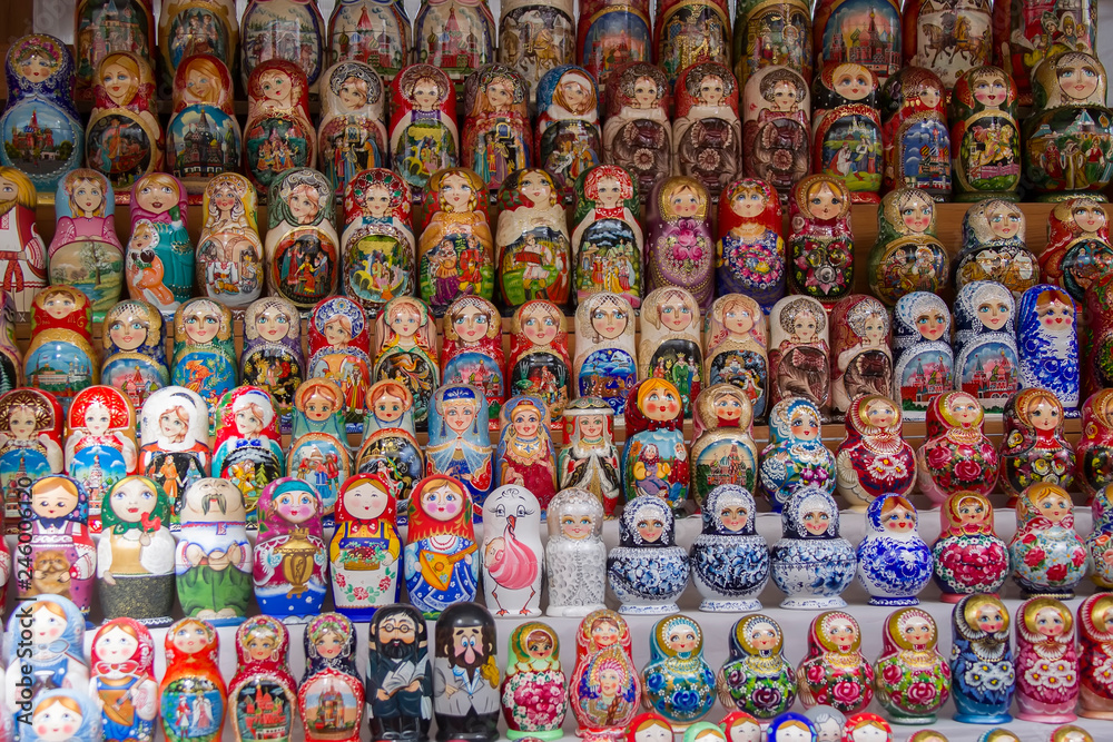 Moscow, June 08, 2018. Central market.Background of colorful Russian dolls on the market.Russian traditional Matryoshka souvenirs at the fair