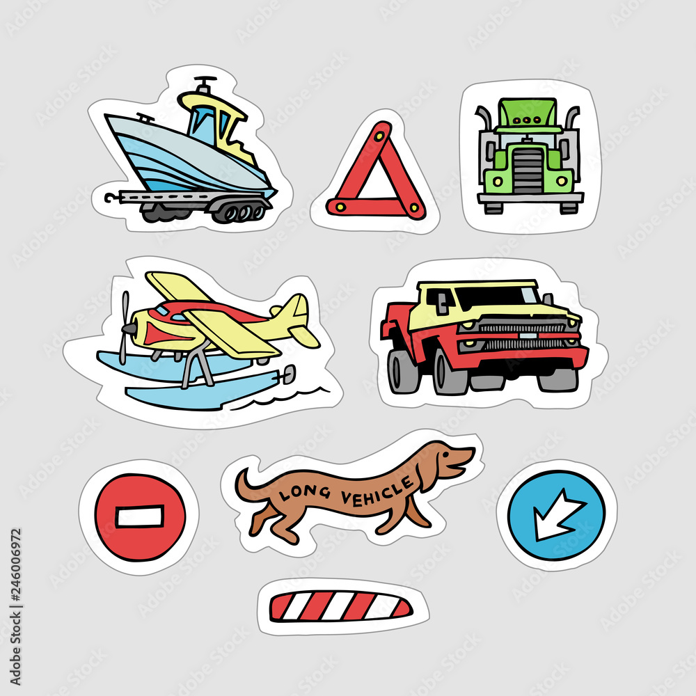 Vector illustration of cartoon handmade tech stickers. Set of isolated transport objects. Transportation symbol collection with boat, truck, sea plane.