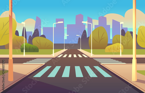 Cartoon crosswalks. Street road crossing highway traffic urban landscape building, crosswalk car, empty sidewalk