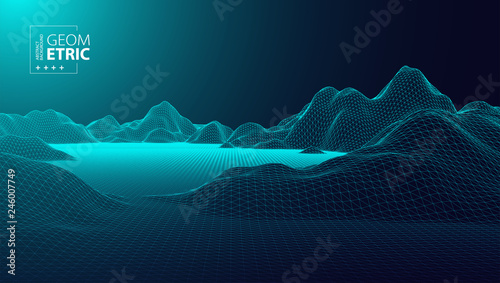 Wireframe landscape background. Futuristic vector illustration.
