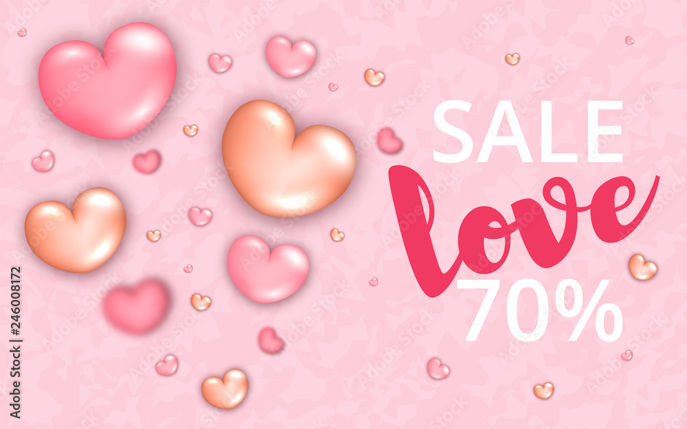 Pink love heart party balloons modern trendy flyer,sales concept on marble background,advertising mockup banner design.Abstract marketing,web online page,poster,brochure template