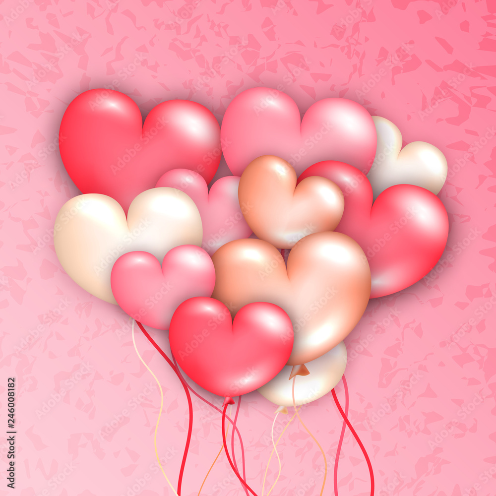 Pink love heart party balloons -modern trendy flyer concept on marble background,greeting card,mockup banner design.Web online,cover page,poster,brochure template